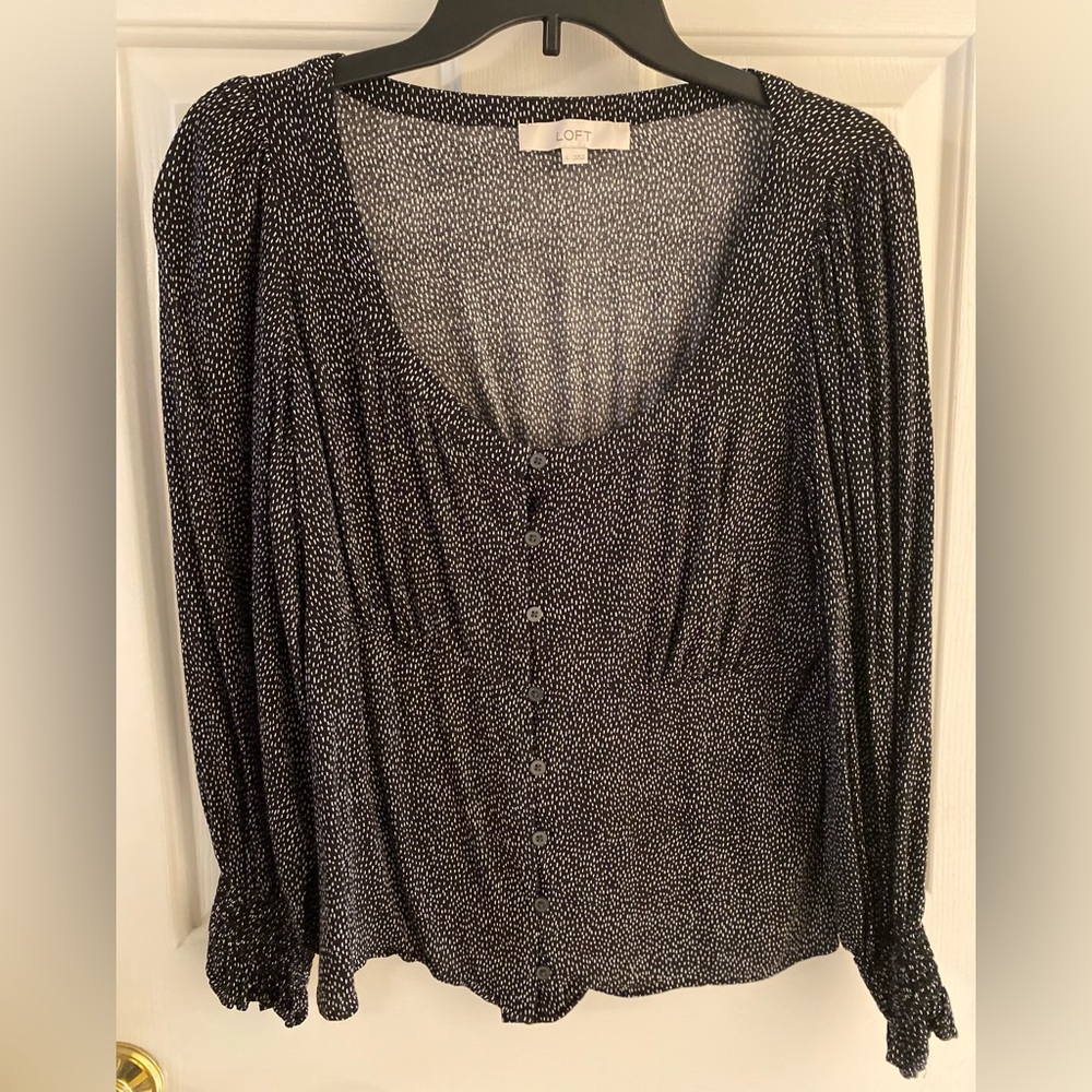 Loft Black and White Polka dot blousy long sleeve Size Large